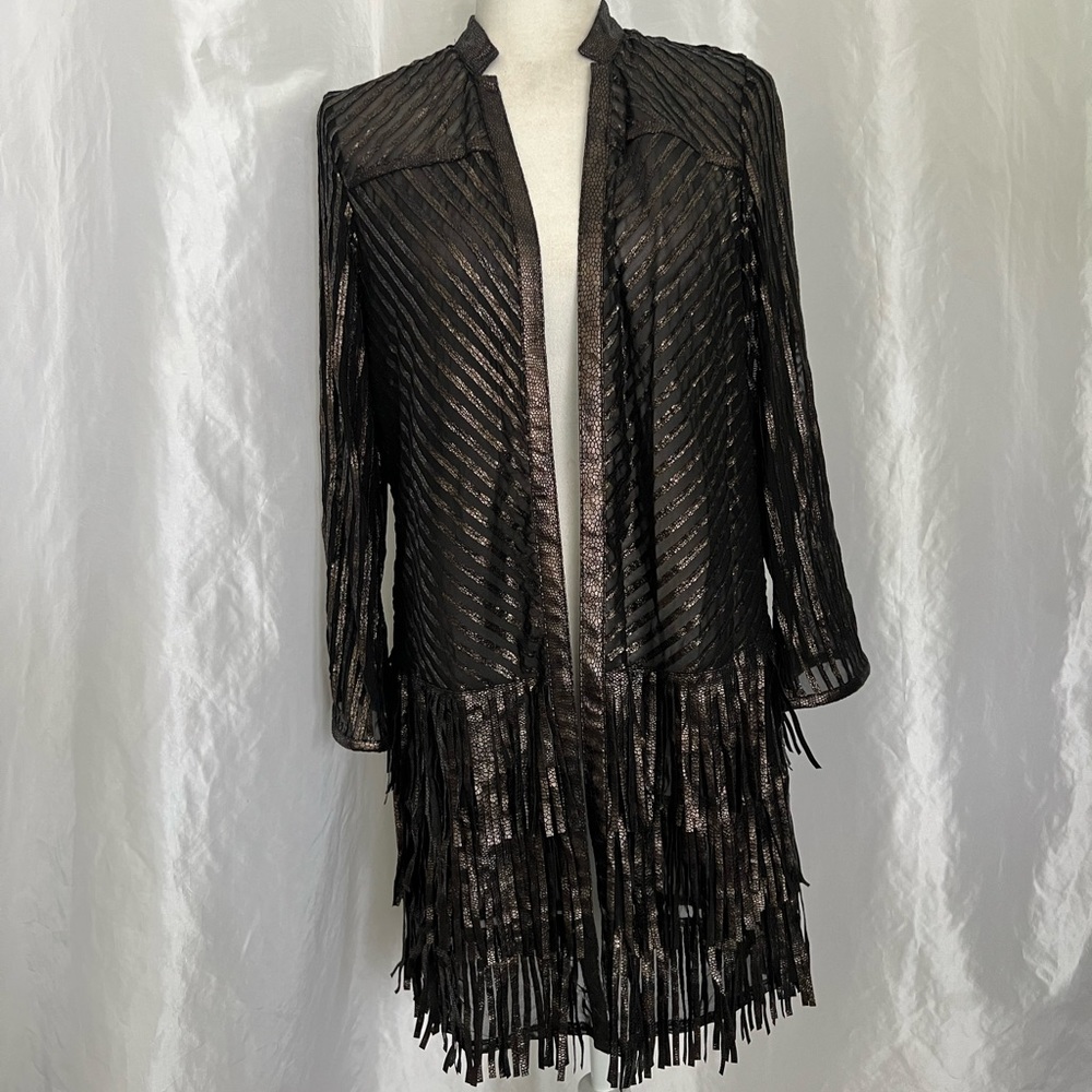 Chico’s Sheer Stripes Faux Leather Fringed Open Cardigan